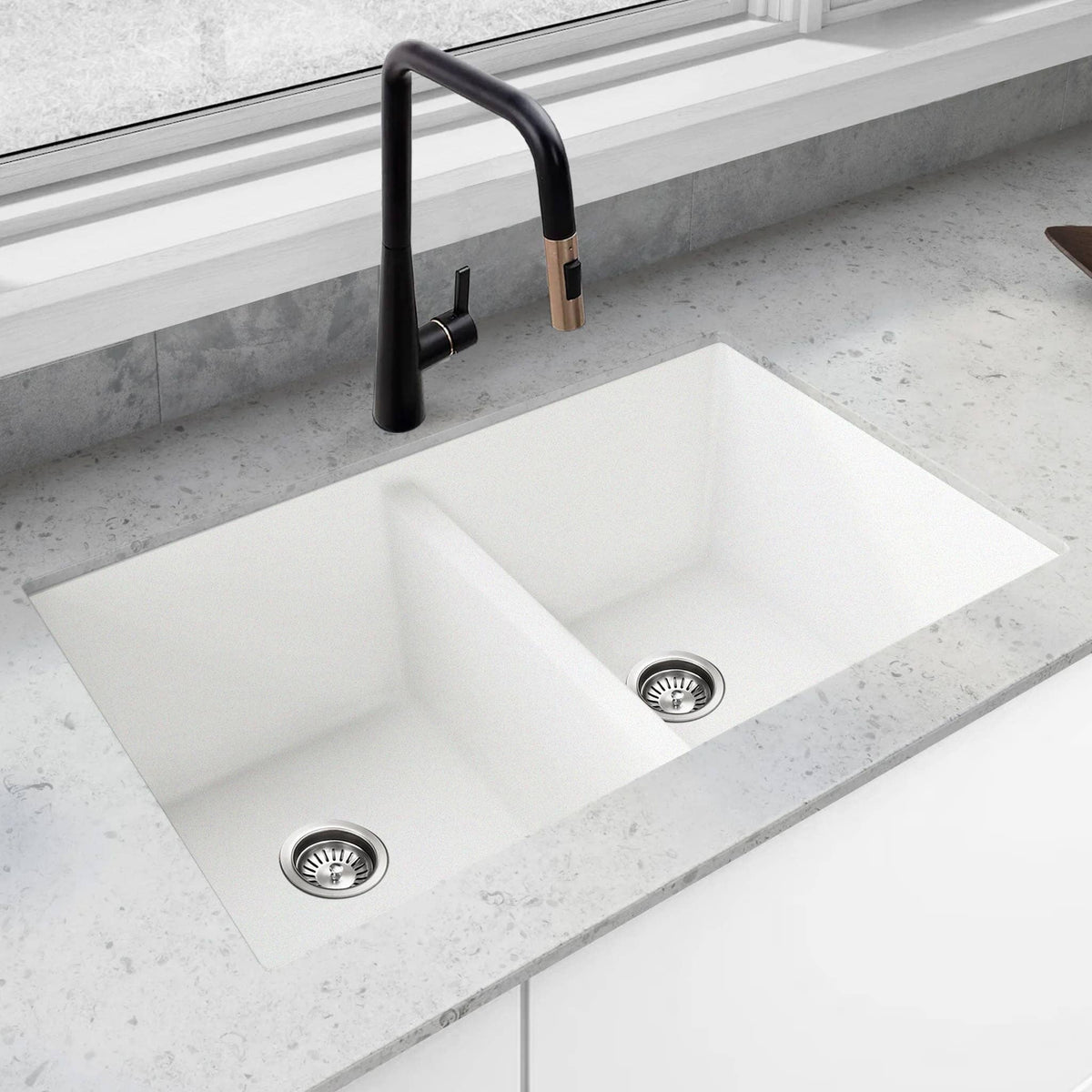 CLIO Polar White Granite 800W x 450W Kitchen Sink Double Bowl