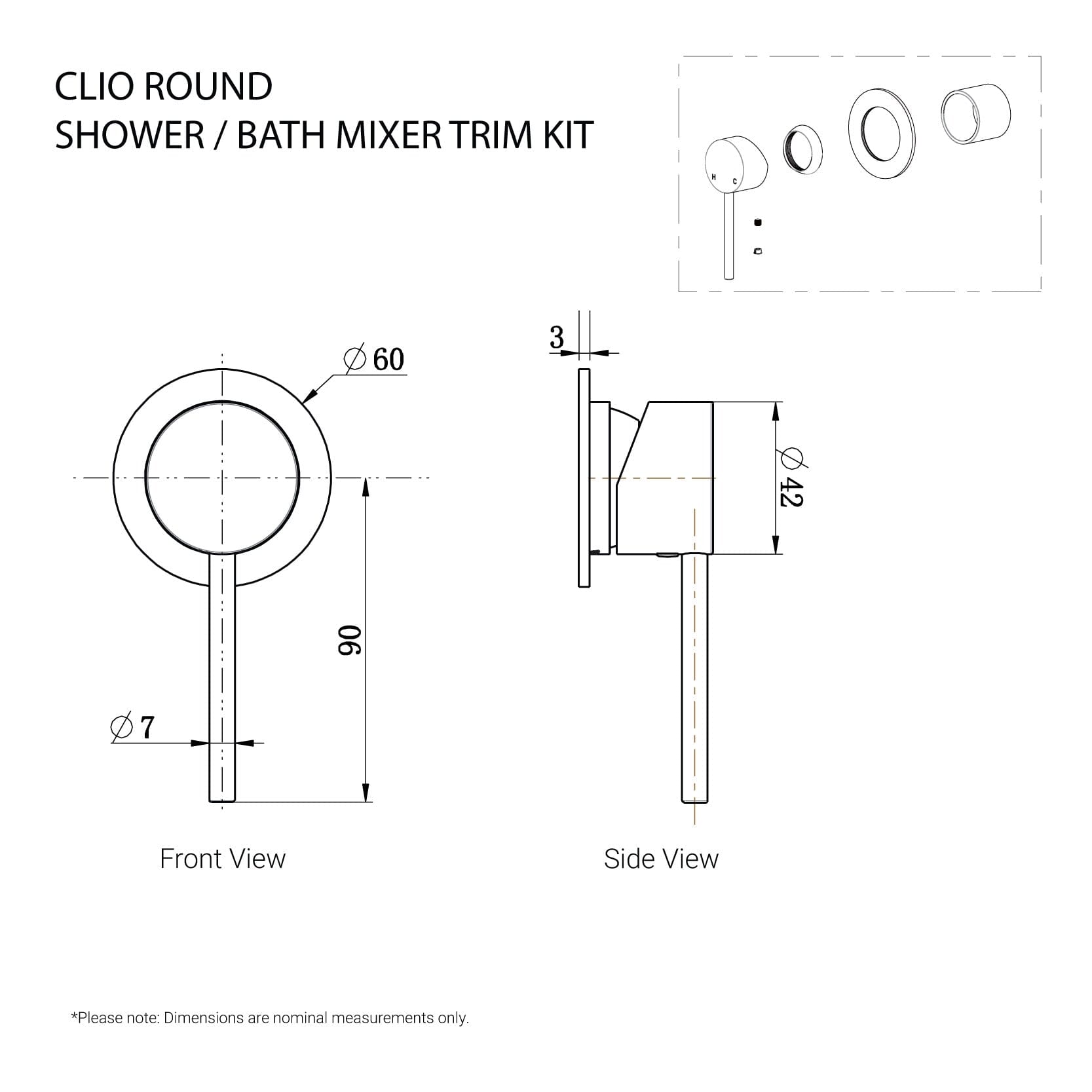 CLIO Round Shower / Bath Mixer Trim Kit Matte Black Tapware Arova 