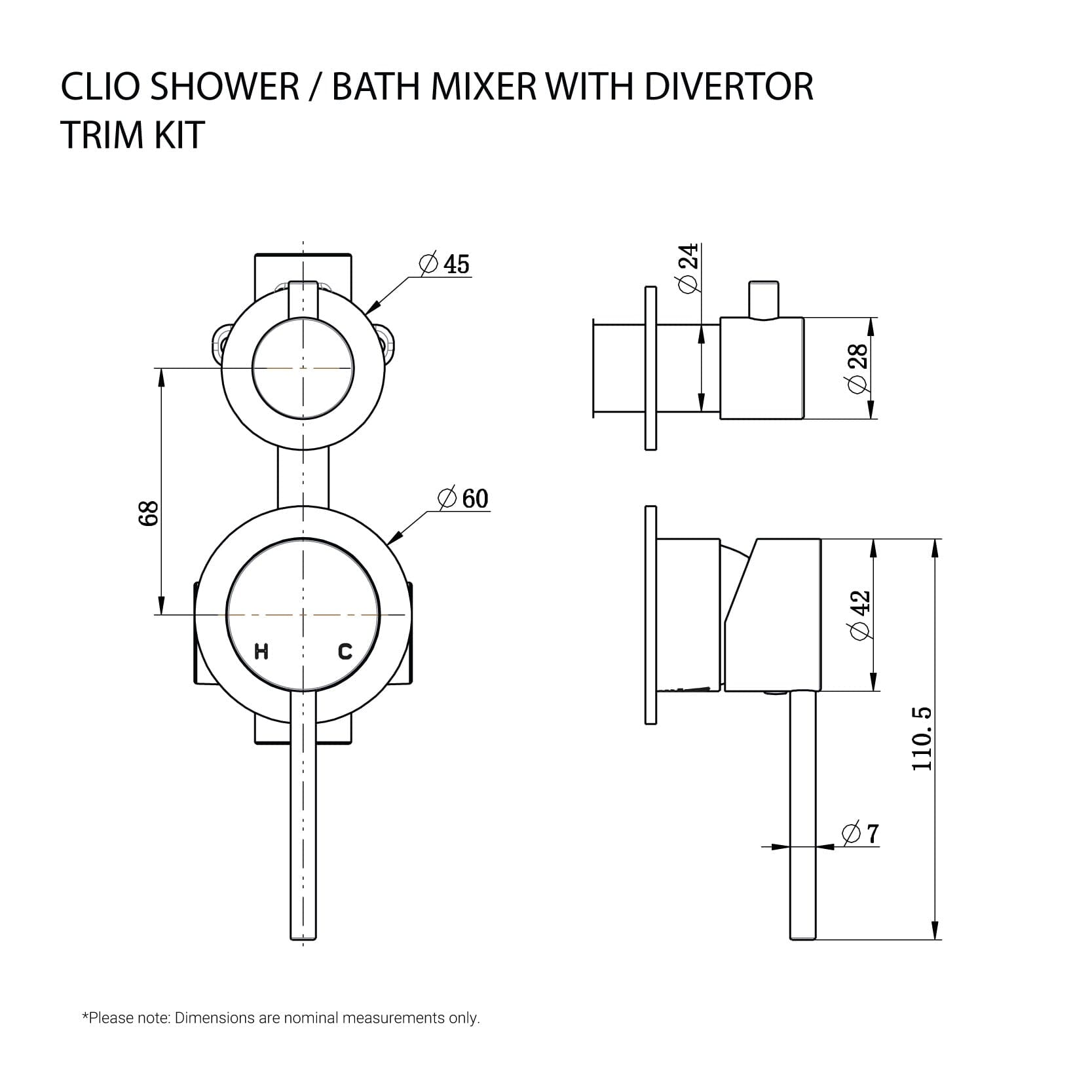 CLIO Shower / Bath Mixer with Divertor Trim Kit Matte Black Tapware Arova 