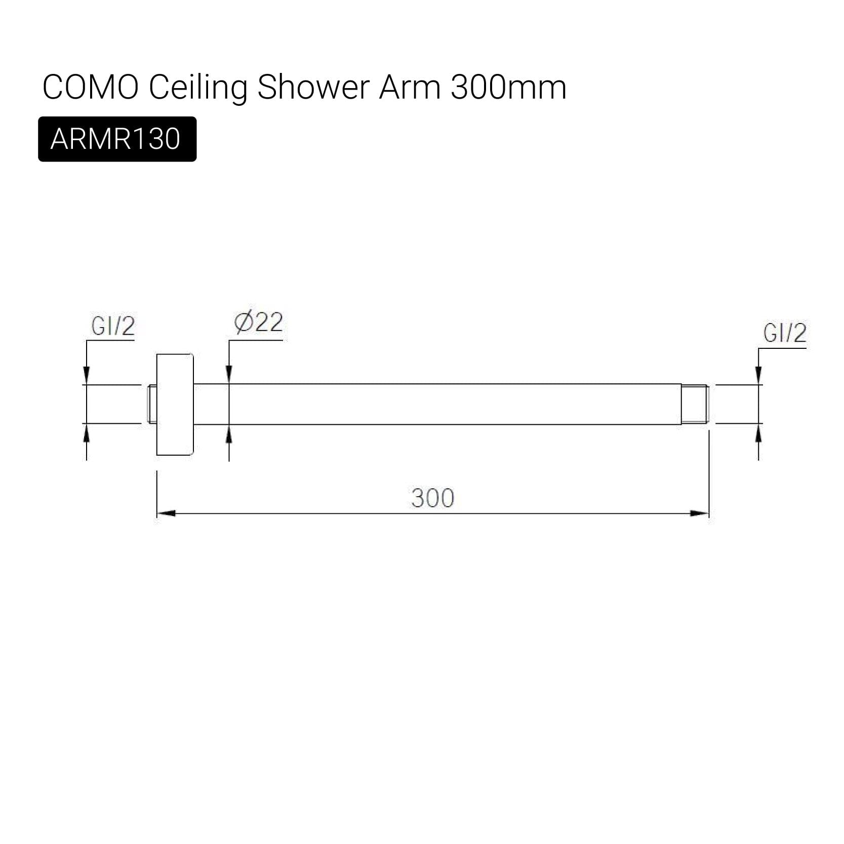 COMO Ceiling Shower Arm 300mm Brushed Gold Showers Arova 