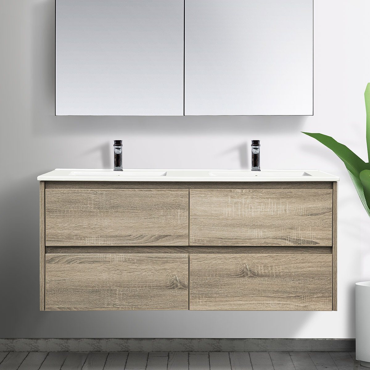 KRIS 120cm Oak Timber Wall Hung Double Vanity Vanities & Mirrors Arova BLISS Speckled Stone Top 2 x CB1108N-Round Gloss White Basin 