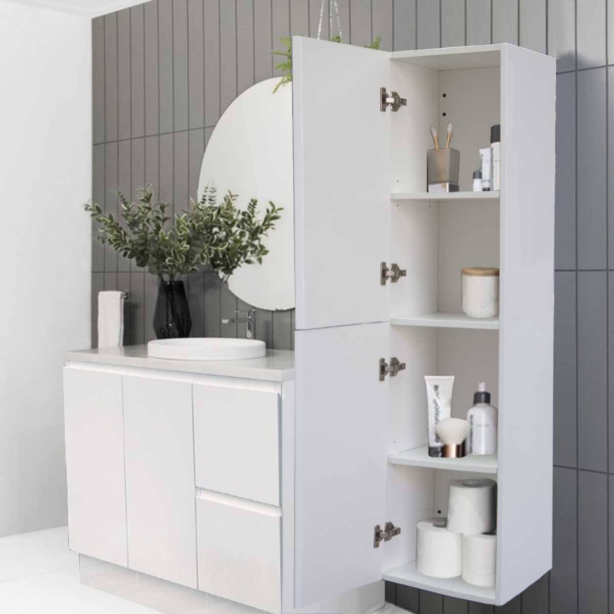 Glossy Bathroom Tallboy Storage Cabinet with Mirror in White