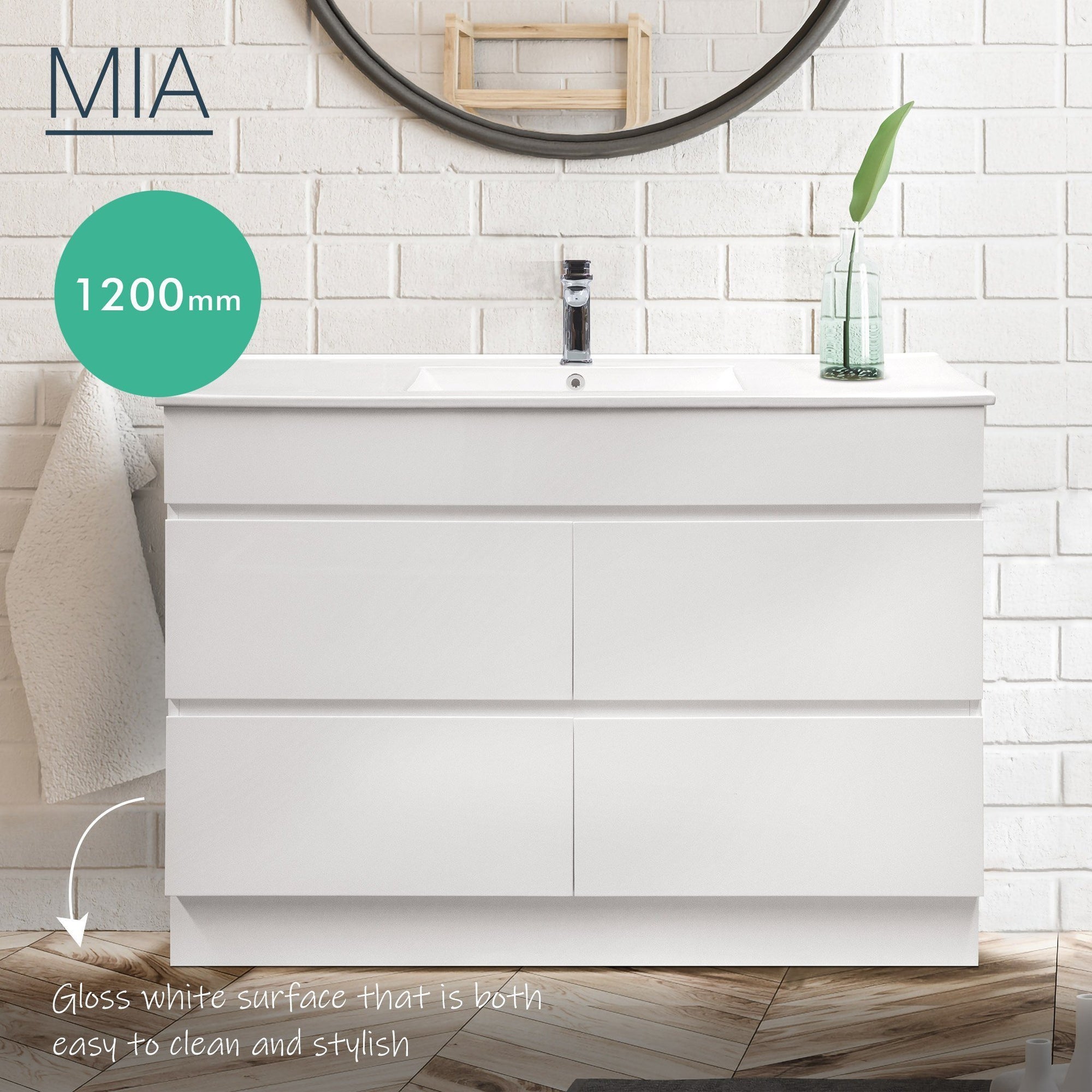 Mia 120cm Free Standing Bathroom Vanity - Single Bowl Vanities & Mirrors Arova Bliss Quartz Stone Top CB1201N-Square Gloss White Basin 