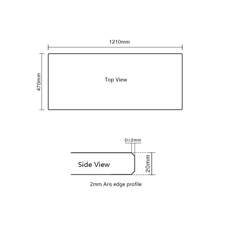 Ivory 1210x470mm vanity benchtop dimensions with 20mm thickness and 2mm Aris edge profile