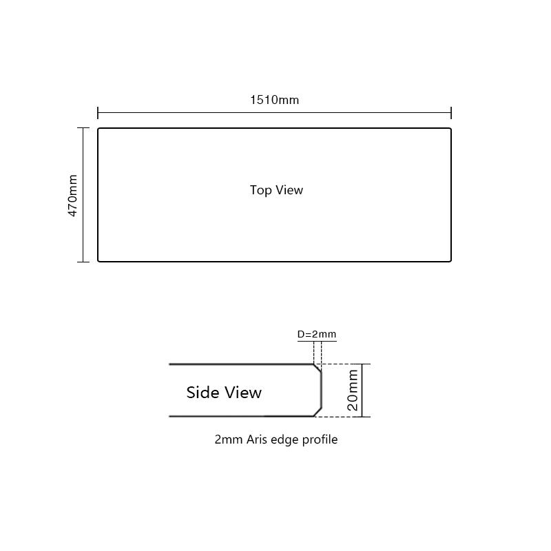 Ivory 1510x470mm vanity benchtop dimensions with 20mm thickness and 2mm Aris edge profile
