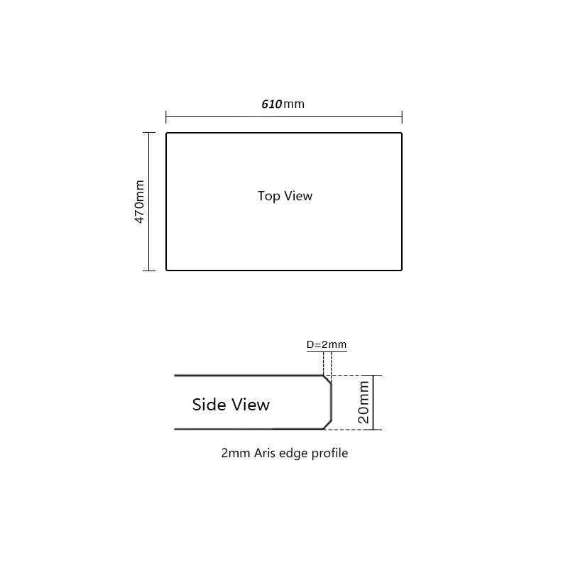 Ivory 610x470mm vanity benchtop dimensions with 20mm thickness and 2mm Aris edge profile