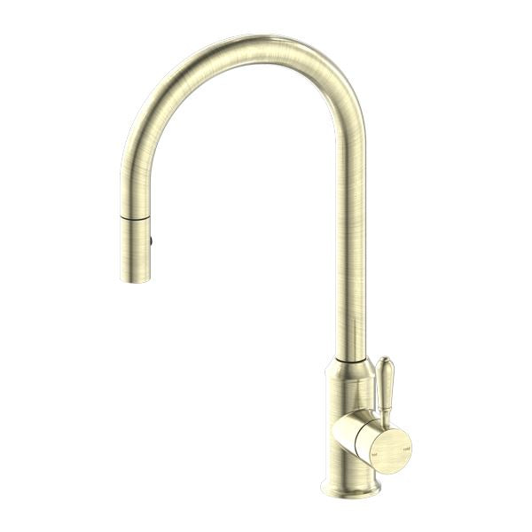 Nero York Pull Out Sink Mixer with Vegie Spray Function Aged Brass Tapware Nero White Porcelain Lever 
