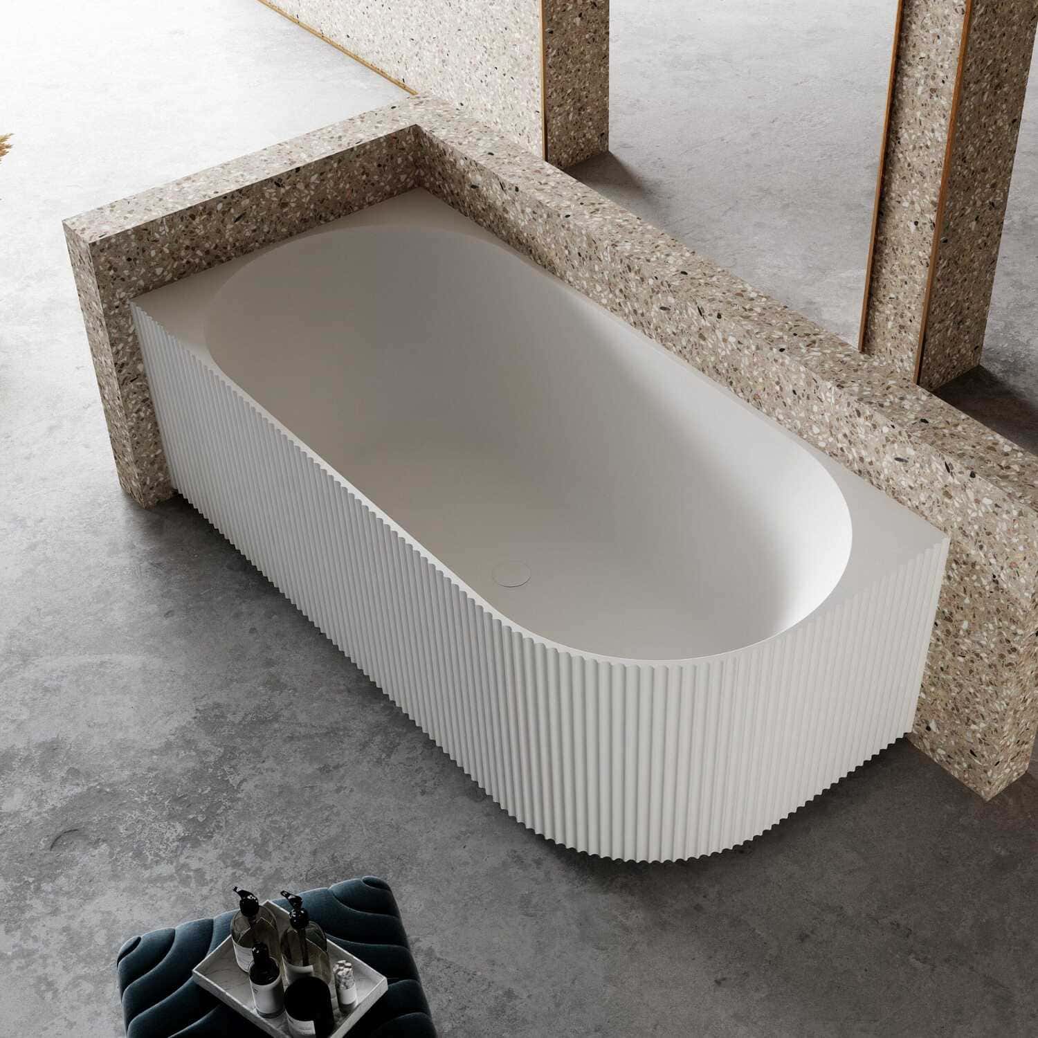 RORY 1500mm V-Groove Fluted Left Corner Free Standing Bathtub Matte White Baths AROVA